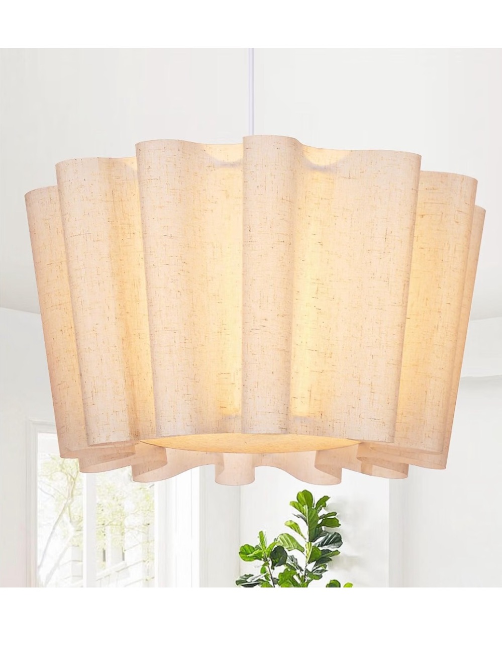NIB 23.6" Large Pendant Light Fixture Chandelier, 1-Light Linen Petal Lampshade